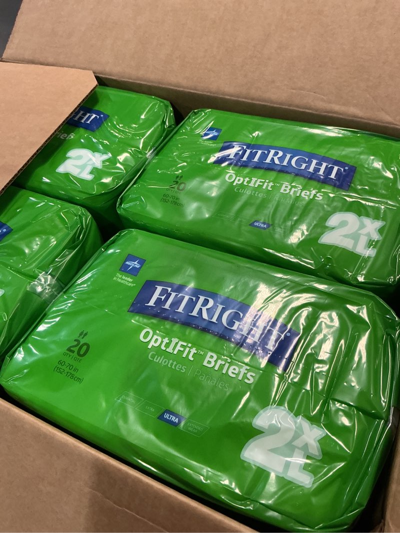 Condition photo showing New/Like New for FitRight Ultra Adult Diapers, Disposable Incontinence Briefs with Tabs, Heavy Absorbency, XX-Large, 60"-69", 4 packs of 20 (80 total) XX-Large 80