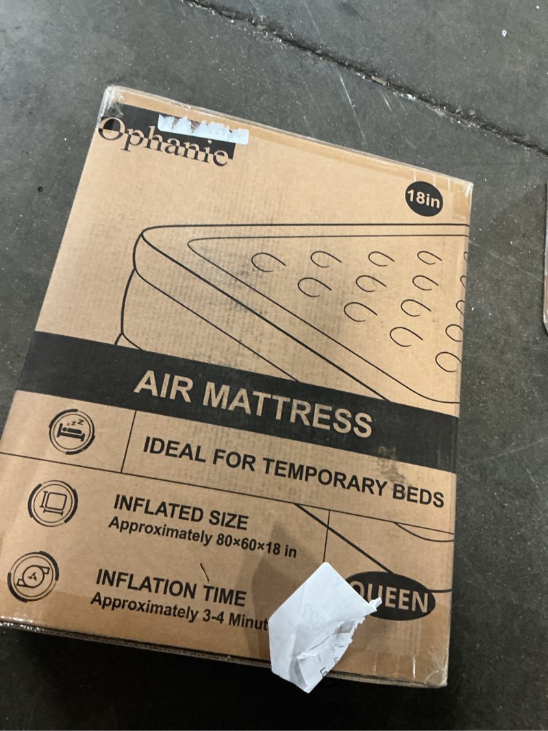 Condition photo showing New/Like New for 80x60x18 ophanie air mattress, 18-inch elevated inflatable bed with built-in pump, puncture-resistant, quick inflation/deflation, portable for camping & guests, dark gray