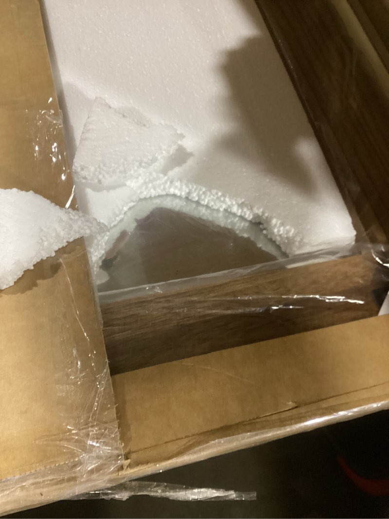 Condition photo showing As Is for Full Length Mirror with Wooden Frame, 56"X22" Solid Wood Standing Floor Mirror for Farmhouse, Bathroom, Bedroom Decor, Hanging or Leaning Wall-Mounted Brown 56"L x 22"W