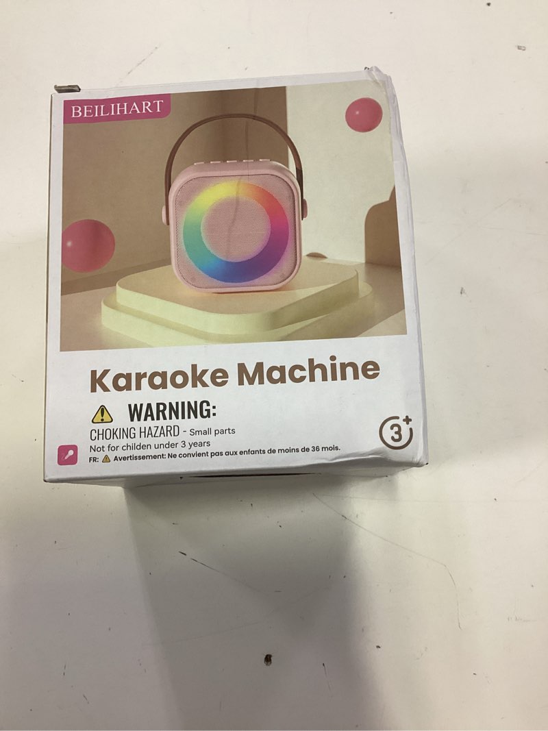 Condition photo showing New/Like New for mini karaoke machine, portable bluetooth karaoke speaker with 2 wireless microphones and party lights for kids and adults, birthday gifts for girls boys family home party black 2 mics