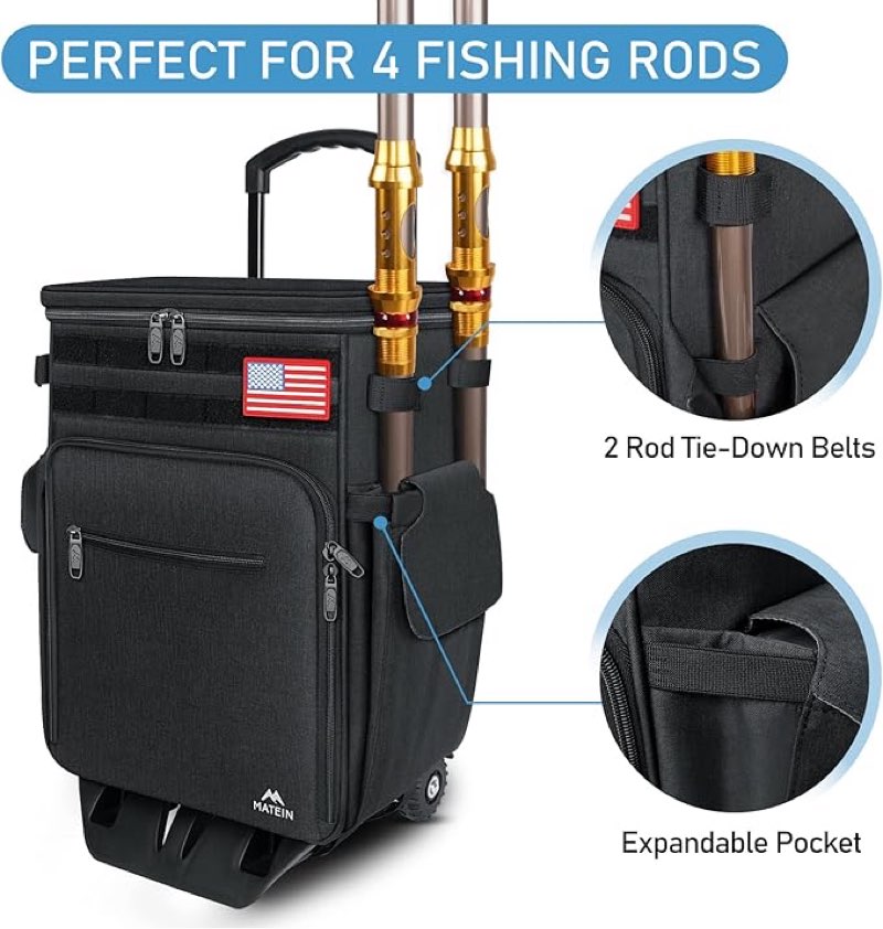 Similar to MATEIN Rolling Tackle Box with Cooler, Large Fishing Bag with Wheels for 5 Trays(Trays Not Included), Saltwater Resistant Tackle Backpack with Rod Holders for Storage Gear Pole Lures