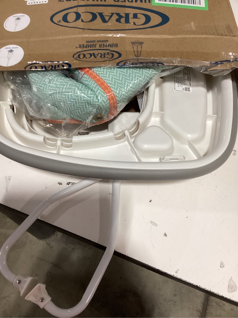 Condition photo showing Good Condition for slevoo baby jumper, baby door jumper with bumper, play tray and two jingle rattles, joyful bubbles joyful bubbles geometric