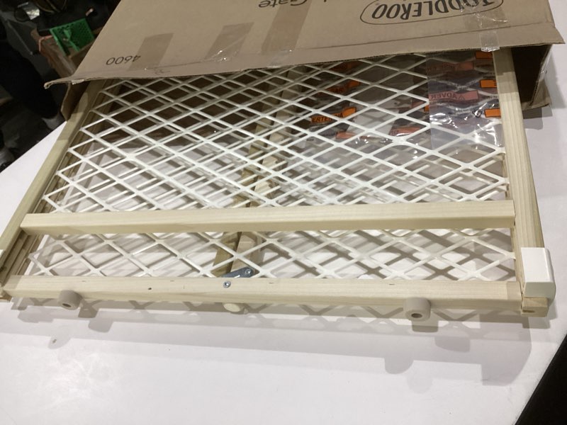 Condition photo showing As Is for toddleroo by north states diamond mesh wooden baby gate: 26.5"- 42" wide. pressure mounted baby gate for doorway. (23" tall, sustainable hardwood)