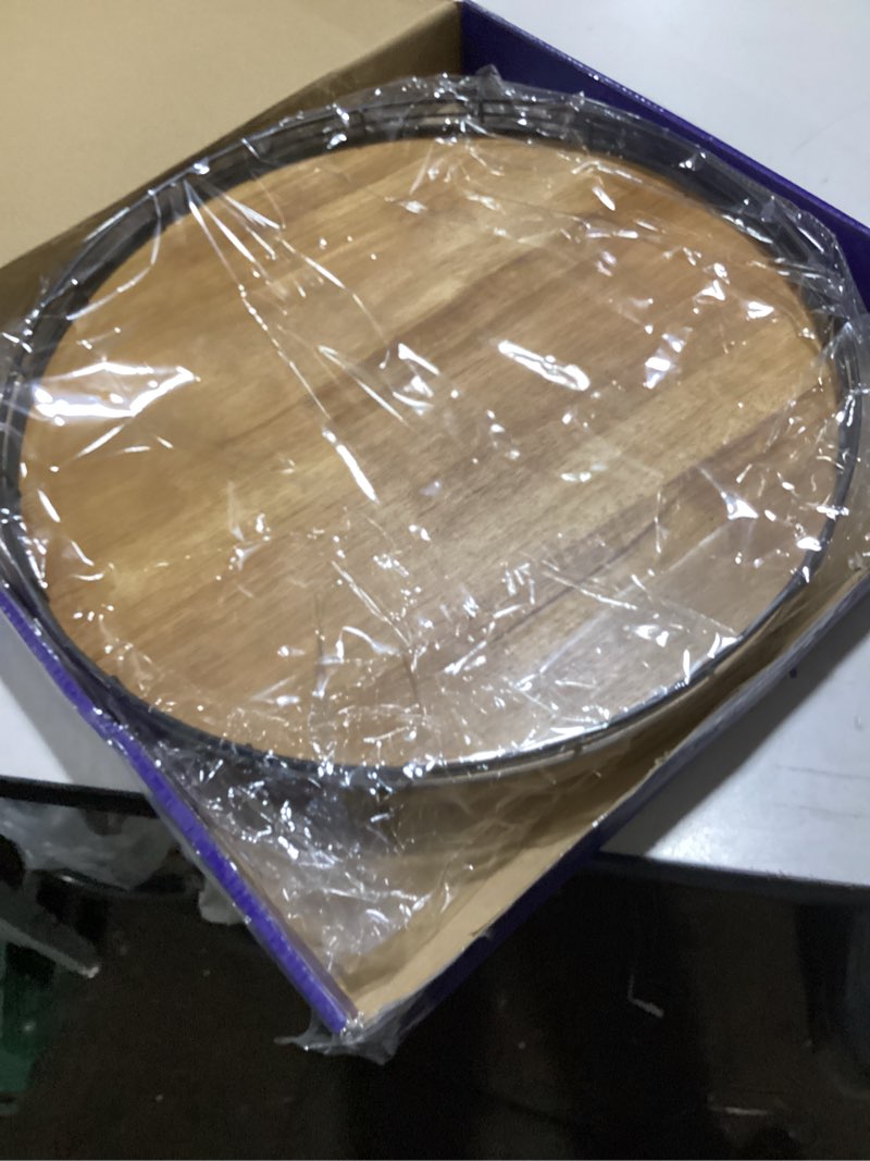 Condition photo showing New/Like New for 16" Lazy Susan Oak Wood Turntable Organizer for Cabinet, Farmhouse Round Wooden Large Lazy Susan Organization and Storage for Dining Table, Pantry, Kitchen, Bathroom, Countertop, Cupboard, Home Decor Brown & Black 16