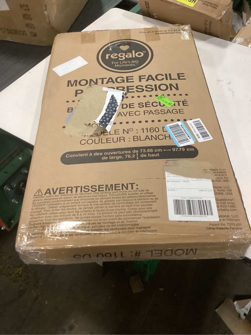 Condition photo showing New/Like New for regalo safety 38" baby gate for doorways & bottom of stairs, pressure mount design for babies, toddlers & pets, tested & safe for 30 years, american designed, american owned, white white 29-38.5"w x 30"h