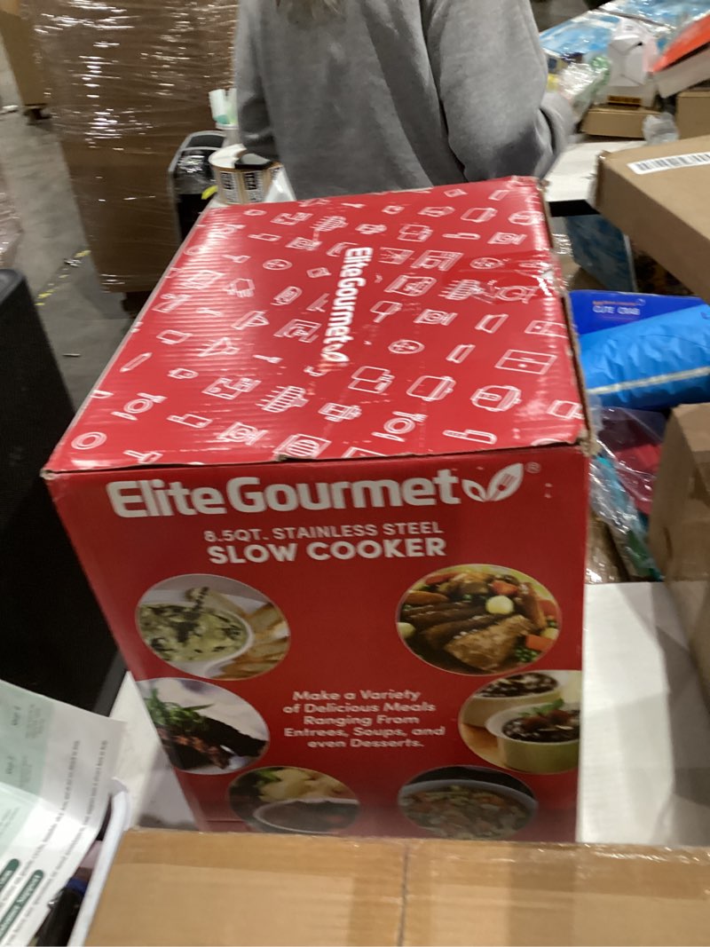 Condition photo showing New/Like New for Elite Gourmet MST-900RXT# Electric Ceramic XL Jumbo Slow Cooker, Adjustable Temp, Entrees, Sauces, Stews & Dips, Dishwasher Safe Glass Lid & Crock, 8.5Qt, MetallicRed