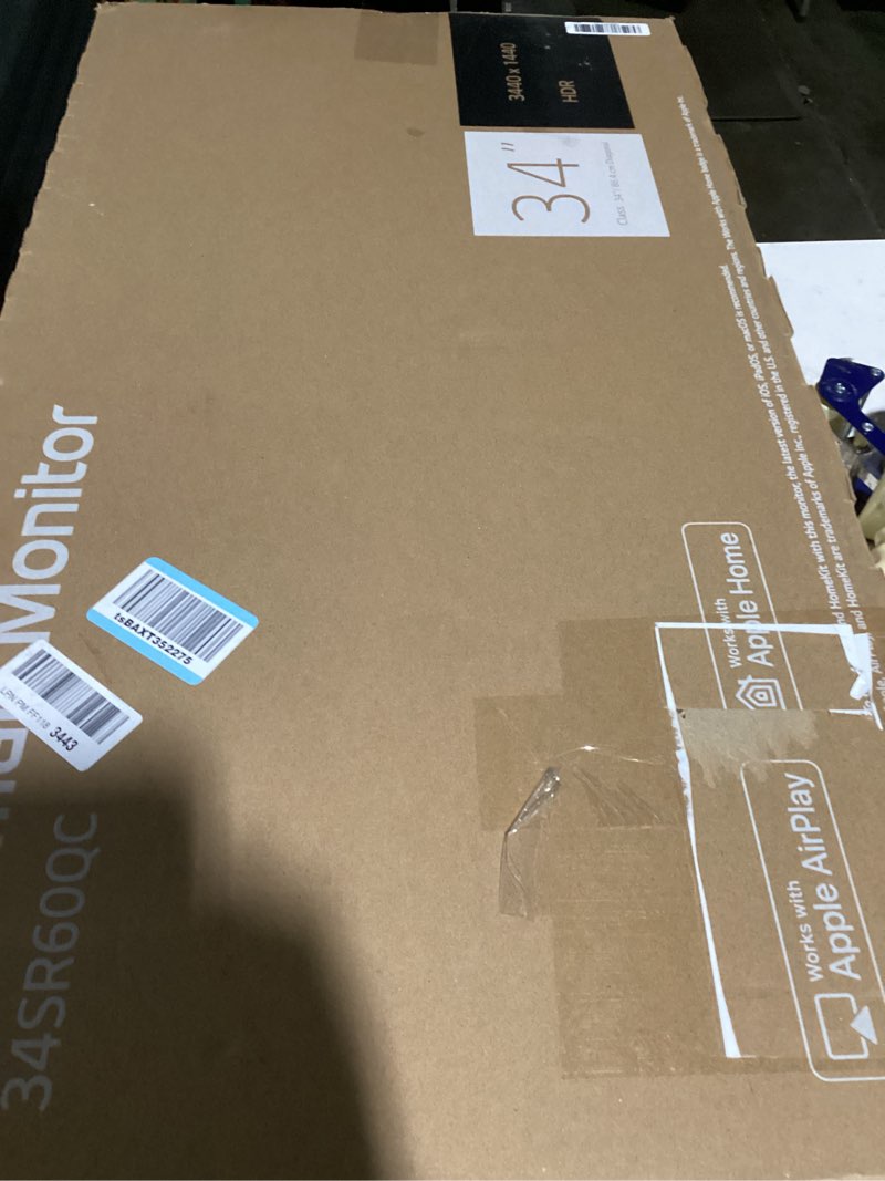 Condition photo showing As Is for lg 34sr60qc-w 34-inch qhd (3440x1440) curved smart monitor with streaming, ultrawide screen, webos, hdr10, 100hz, built-in speaker, airplay2, screen share, bluetooth, thinq app, white
