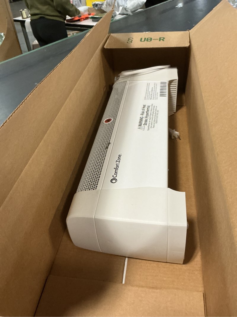Condition photo showing As Is for Comfort Zone 1500W Convection Baseboard Heater with Built-In Thermostat, Overheat & Tip-Over Protection, Dent-Proof Ends, Plug-In Portable, Ideal for Home, Bedroom & Office, White