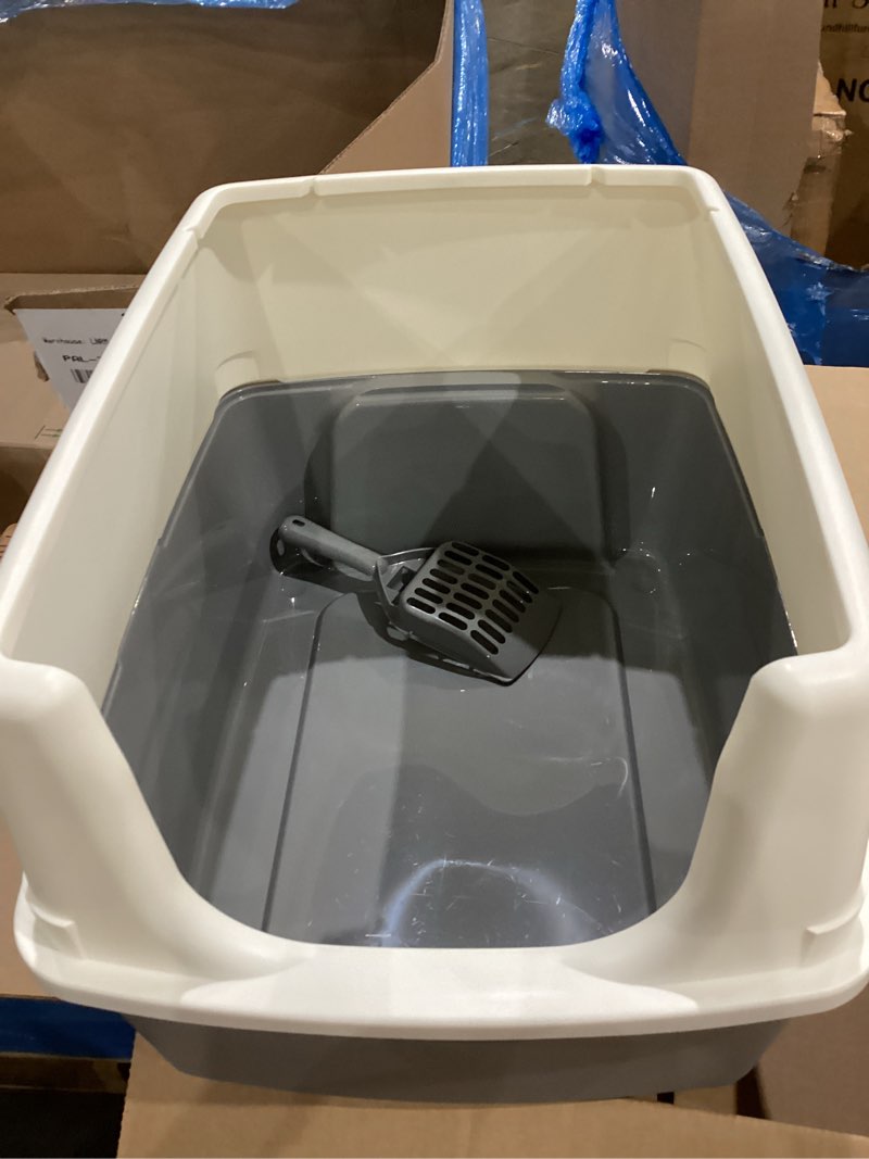 Condition photo showing Good Condition for amazon basics large cat litter box with high sides, open top, includes scoop, 19 x 15 x 11.75 inches, grey/beige
