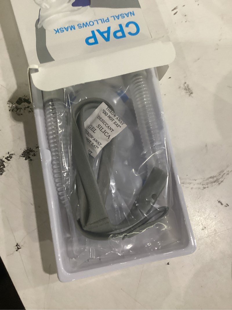 Condition photo showing New/Like New for cpap mask, cpap nasal pillow mask replacement frame system with headgear for airfit p10, fsa hsa eligible, includes small, medium, large cushions, soft, secure seal to reduce pressure points