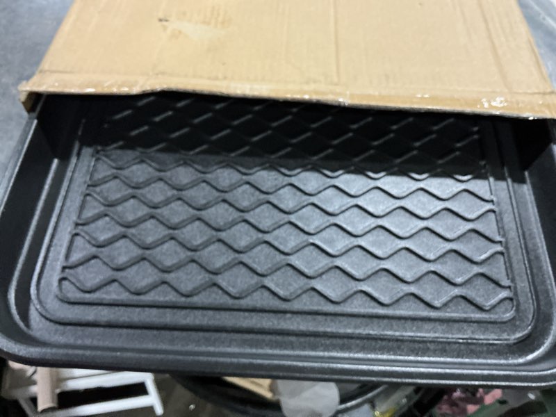 Condition photo showing As Is for all-weather indoor/outdoor boot tray - weather-resistant hard plastic shoe mat with raised edge for entryways, decks, and patios by stalwart (black) medium