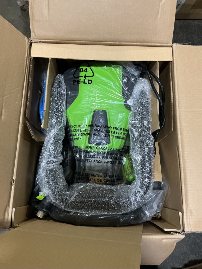 Condition photo showing As Is for greenworks pro brushless 3000 psi (csa certified) 2.0 gpm max / 1.1 gpm electric pressure washer (rugged steel frame, 25 ft hose, 35 ft gfci power cord)
