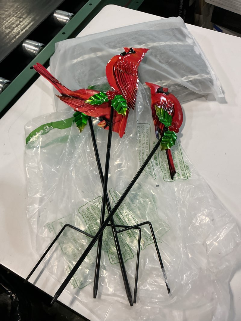 Condition photo showing As Is for waiu metal cardinal garden stakes 3 pack outdoor yard art, outside decorations for yard,garden decorations red