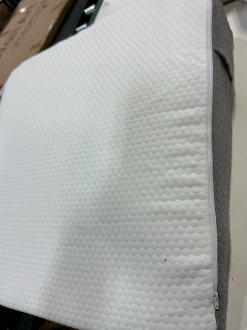Condition photo showing As Is for Bedluxe Wedge Pillow, 10 inch Bed Wedge Pillow for Headboard, Pillow Wedge for Acid Reflux Relief, Sleeping, Back Pain Relief, Snoring, Triangle Pillow Wedge - Cooling Memory Foam Top, White/Grey 24*24*10 Inch White Grey
