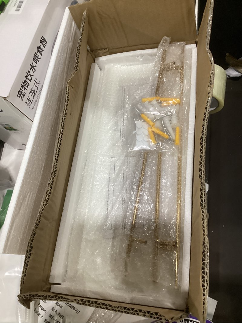 Condition photo showing Good Condition for wopitues floating shelves with gold metal guardrail, shelves for wall decor set of 3, wall shelves for bedroom, bathroom, kitchen, living room, plants, picture frames, art- white and gold white and gold 15.7 inch