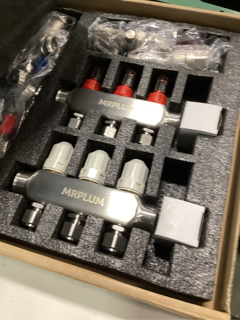 Condition photo showing Good Condition for 3-Branch Radiant Heat Manifold,Stainless Steel PEX Manifold with Compatible Outlets for Hydronic Radiant Floor Heating (1/2" Adapters included) 3-Loop