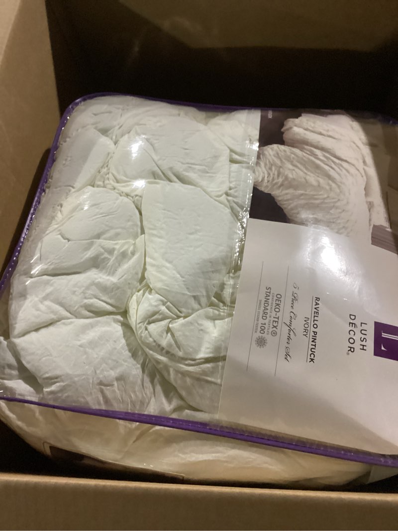 Condition photo showing New/Like New for lush decor ravello pintuck comforter set - luxe 5 piece textured bedding set - traditional glam & farmhouse inspired bedroom decor - king, ivory