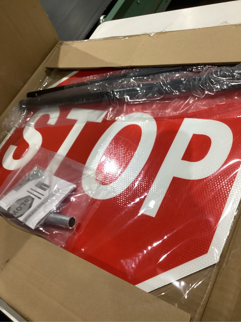 Condition photo showing Good Condition for kanayu 24x24inch flagger helper slow stop paddle signs with 60'' telescopic stretchable staff double sided stop/slow paddle honeycomb reflective road stop signs for road traffic construction(1 pcs)