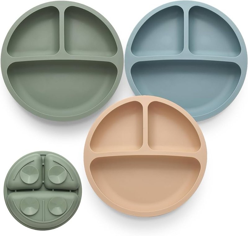 toddler plates 3 pack, divided suction plates for baby, 100% food grade silicone baby plates, non-slip, baby led weaning supplies, microwave & dishwasher safe