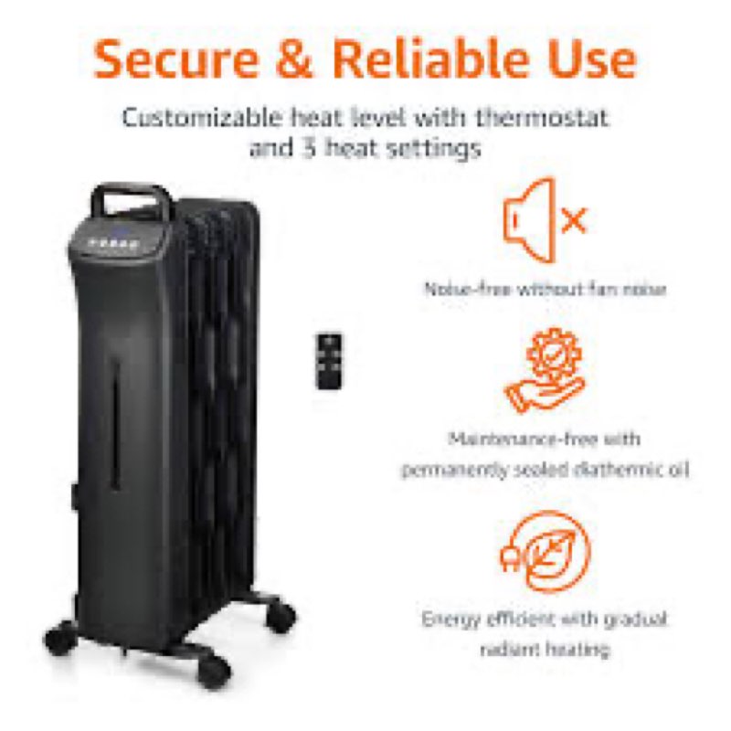 Amazon Basics Portable Oil Space Heater with Remote Control, 7 Oil-Filled Fins, Adjustable Thermostat, 3 Heat Settings, Tip-Over and Overheat Protection, ETL Safety Certificate, 1500W, Black