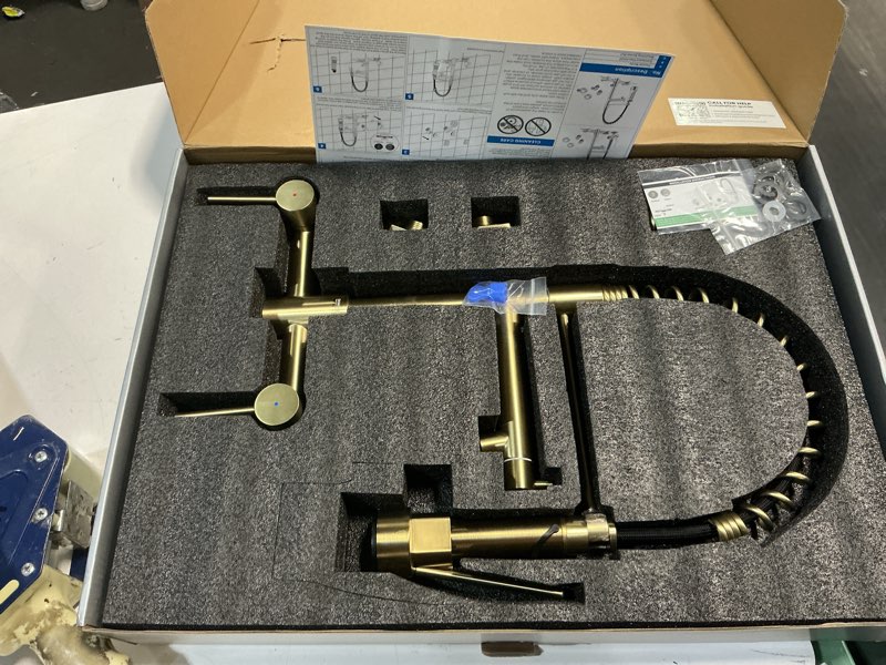 Condition photo showing New/Like New for wall mount kitchen faucet with pull down sprayer, 8 inch center commercial high arc kitchen sink faucet, 2 handle wall mount faucet for kitchen sink, brushed golden double spout brushed golden