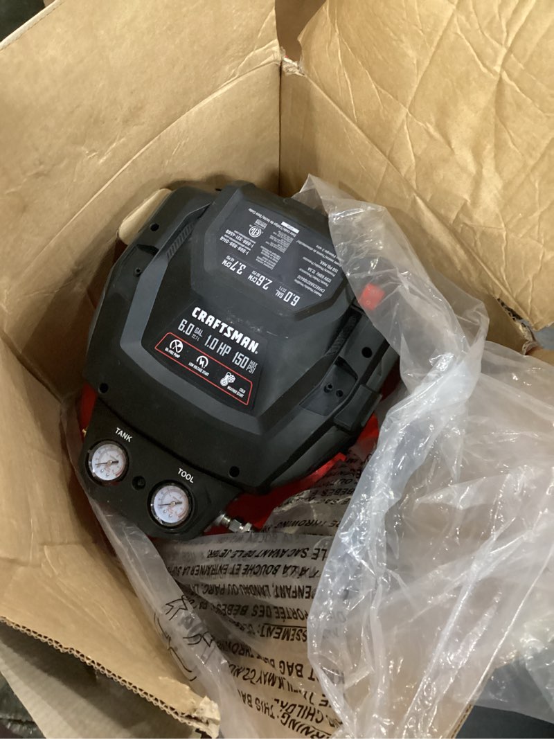 Condition photo showing As Is for craftsman 6-gallon portable electric 150 psi pancake air compressor