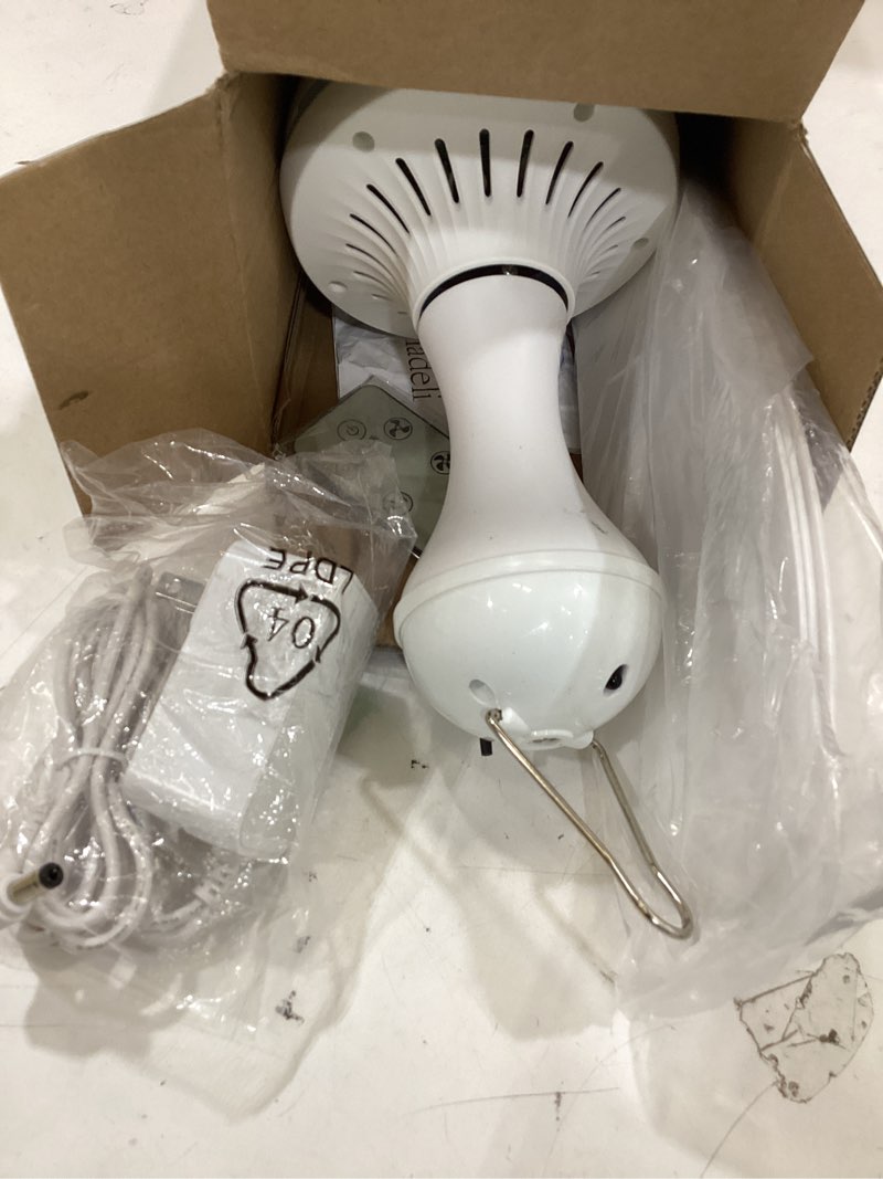 Condition photo showing As Is for ceiling fan for patio, gazebo & home indoor use, 28inch portable hanging ceiling fan, 5 detachable blades, room hanging fan, dc12v for bed tent home room with a 110v ac adaptor included
