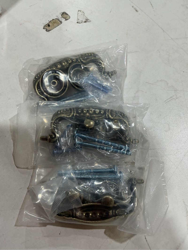 Condition photo showing Good Condition for 12 pcs 3" bail handle drop pulls and 1.38" vintage flower shape cabinet drawer knobs antique bronze cabinet pull handles for drawer dresser, 3" hole spacing, 4" total length(beaded style)
