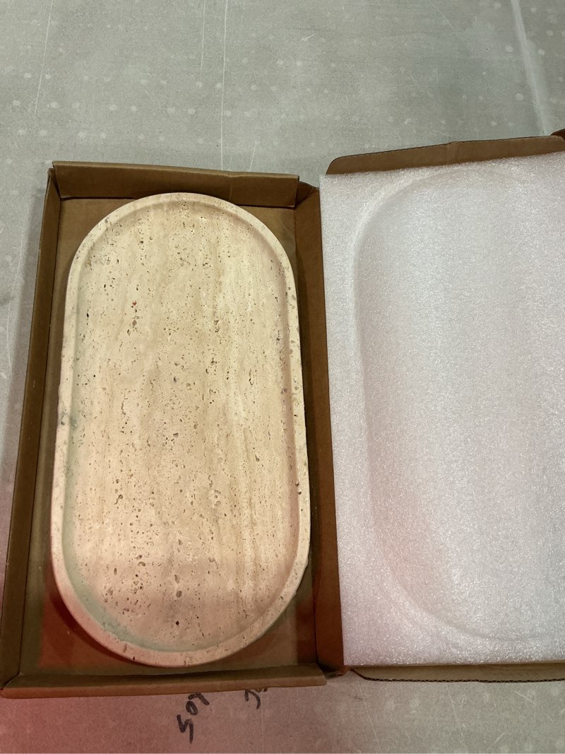 Condition photo showing Good Condition for oval travertine stone tray for jewelry, candles, perfume, decorative marble bathroom tray for countertop organizer 11.8inch x 6inch x 0.7inch 11.8" x 6" x 0.7"