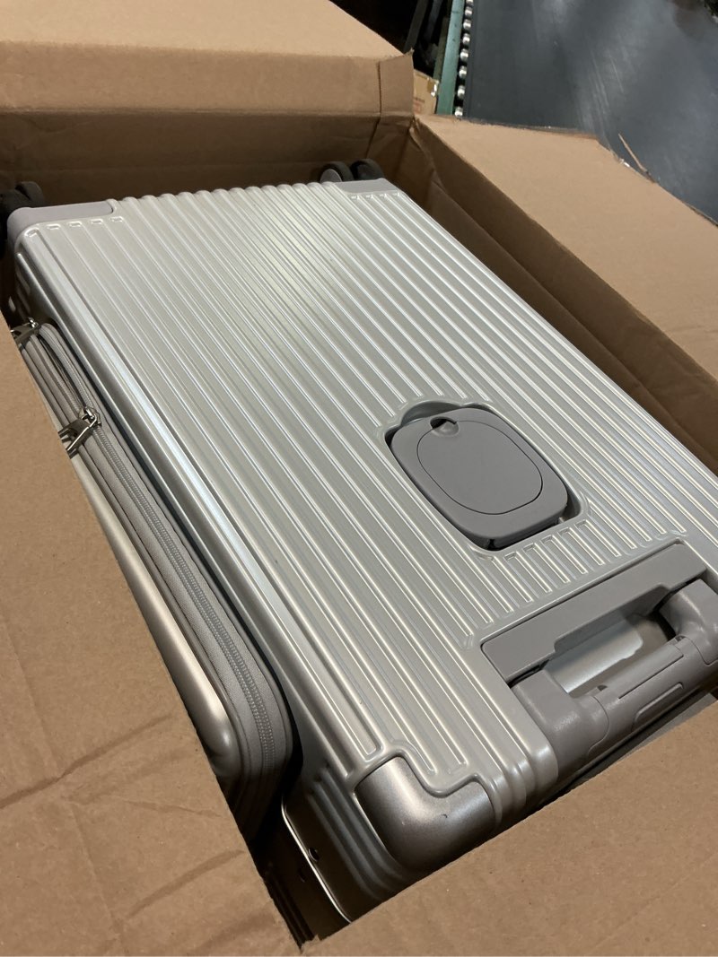 Condition photo showing As Is for feilario 20in aluminum frame pc carry on luggage tri-zone access hard shell brake wheels suitcase with cup holder, phone holder, tsa approved lock (silver, 20")