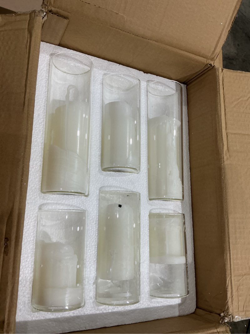 Condition photo showing As Is for set of 6 white pillar candles with clear glass hurricane holders- elegant cylinder candle vases for weddings, parties, centerpieces, home & office decor (white, 6 set) white 6 set