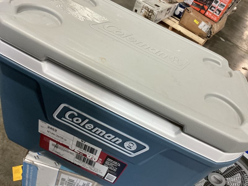 Condition photo showing As Is for coleman 52 qt hard sized cooler / ice chest, 316 series, lakeside blue