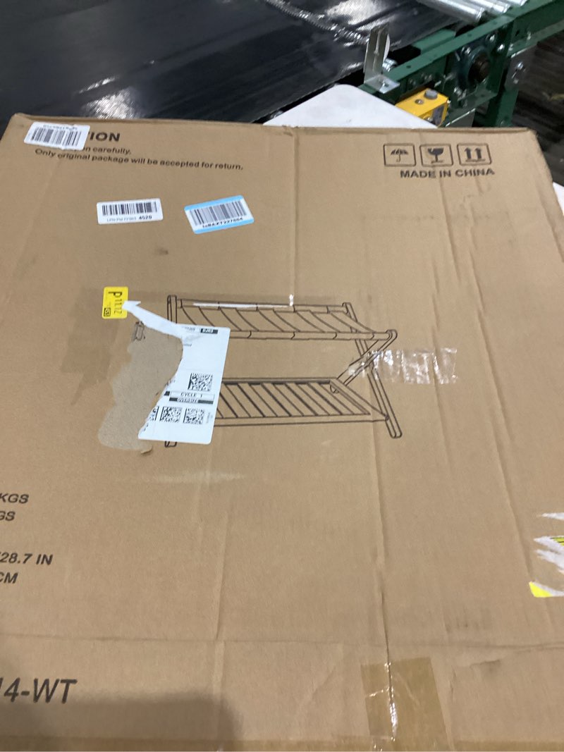 Condition photo showing New/Like New for Bamboo Luggage Rack Fully Assembled, Folding Suitcase Stand with Shoe Shelf, Heavy-Duty Luggage Holder for Guest Room Must Haves, Bedroom, Hotel, Walnut Walnut 1 Pack