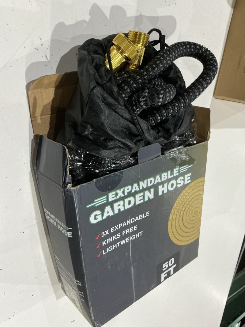 Condition photo showing As Is for 50 ft non-expandable garden hose, lightweight hose with 10 function spray nozzle, kink-free flexible water hose, leak-proof, 3/4'' solid connectors garden hose,ultra durable garden hoses blackgray 50ft