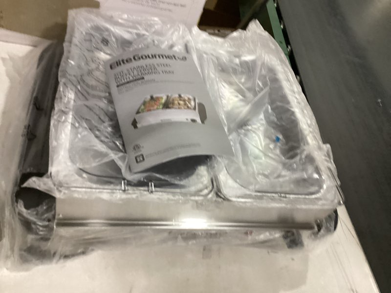 Condition photo showing New/Like New for Elite Gourmet EWM-6122 Dual 2 x 2.5 Qt. Trays, Buffet Server, Food Warmer Temperature Control, Clear Slotted Lids, Perfect for Parties, Entertaining & Holidays, 5 Qt Total, Stainless Steel 5 Quart / 2 Trays