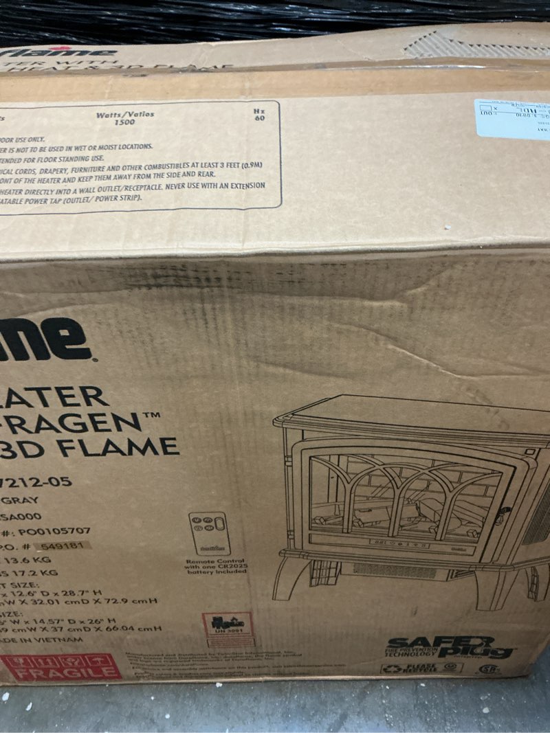 Condition photo showing As Is for model dfi-7212-05 isit the duraflame store producto size :25.936” w x14.57”d x26” h  duraflame electric fireplace stove 1500 watt infrared heater with flickering flame effects - cream