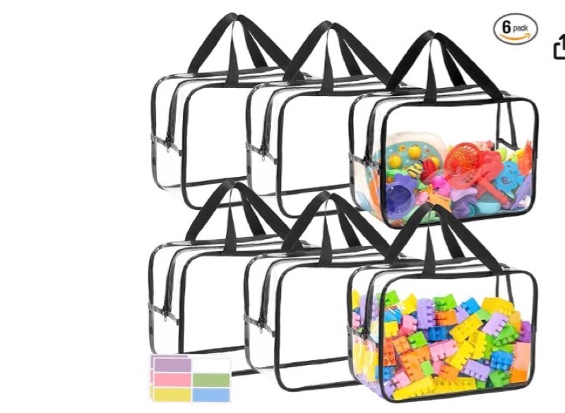 6 packs large toy storage bags with labels, reusable clear pvc board game storage, travel waterproof