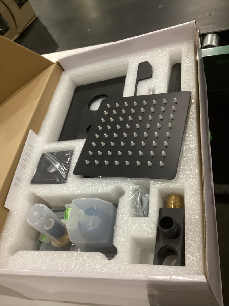 Condition photo showing As Is for Shower System Matte Black Shower Faucet with Handheld, Ceiling Mount 10 Inch Shower Head with 6 Inch Wall Mount Shower Head Matte Black 10 Inch