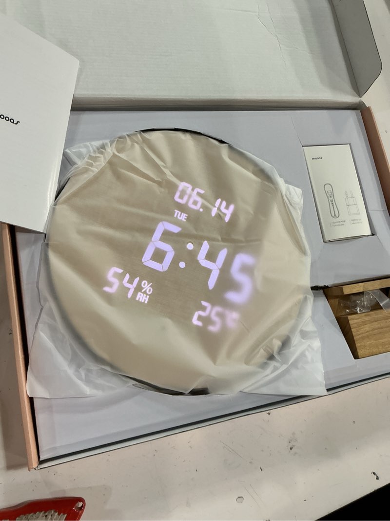 Condition photo showing Good Condition for mooas wood moon cordless digital led wall clock, time week temperature & humidity, sound sensor-auto brightness, modern décorative led clock for bedroom livingroom, wireless wall mount/wooden stand wood moon (cordless)