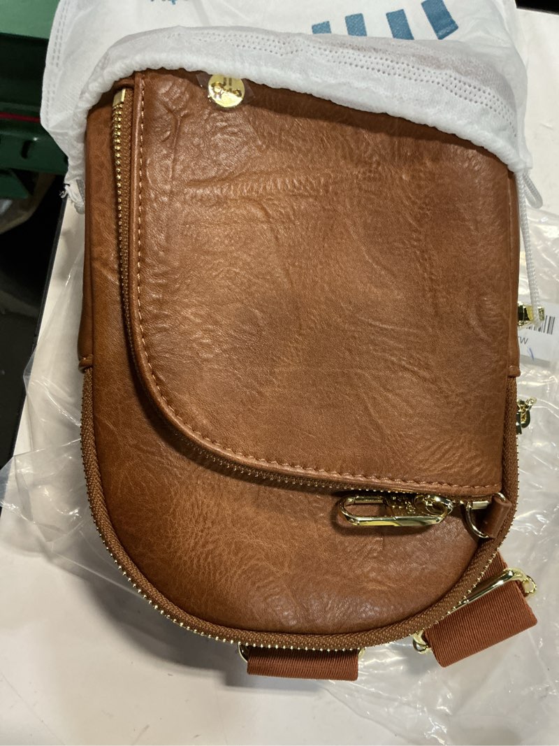 Condition photo showing New/Like New for inicat rfid blocking sling bag, anti theft crossbody bag for women compact travel purses leather bronw deep