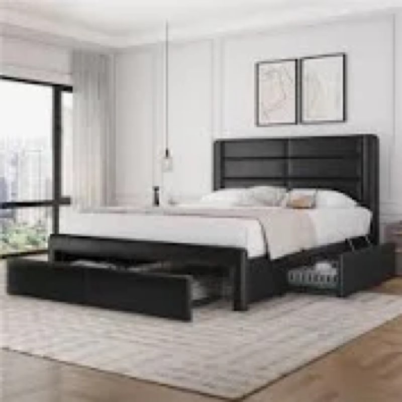 avelle vegan leather metal platform storage bed with 3 storage drawers and built-in usb ports