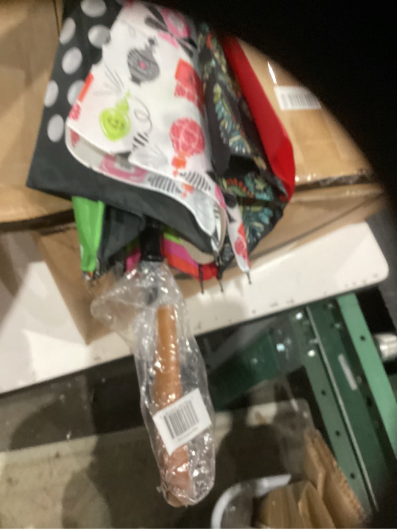 Condition photo showing As Is for totes auto open water repellent stick umbrella with classic wood j hook handle