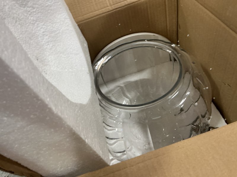 Condition photo showing Good Condition for 2 Gallon Pumpkin Glass Drink Dispenser with Stand Thanksgiving Pumpkin Shaped Beverage Dispenser with Spigot Clear Juice Alcohol Cocktail Tea Dispenser for Halloween Fall Party Decorations