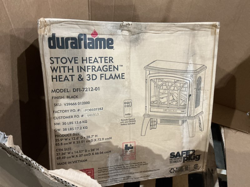 Condition photo showing As Is for r.w.flame electric fireplace heater 25" with remote control, cathedral stylish, different flame effects and log set colors, adjustable brightness and heating mode, overheating safe design