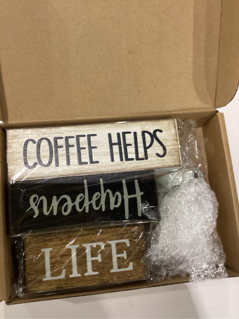 Condition photo showing Good Condition for moucuny 4 pcs farmhouse coffee bar table decor vintage wooden stacked block sign - 'life happens coffee helps' table centerpiece rustic wood bar sign gift for home kitchen shelf tiered tray decor coffee lover