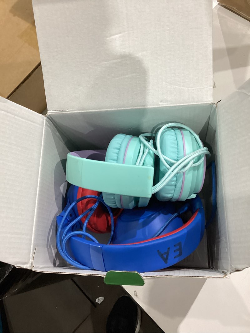 Condition photo showing As Is for iclever 2pack kids headphones with sharing splitter - 85dba safe volume limited - hs22 wired headphones for kids teens, tangle-free 3.5mm jack foldable stereo for school/tablet/travel green & blue