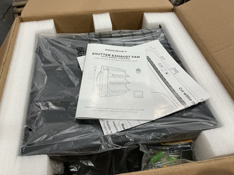 Condition photo showing New/Like New for inokraft shutter exhaust fan with wireless control panel, 12'' wall mount attic fan with temperature controller, 1500 cfm, 8-speed adjustable, ventilation for attic, garage, greenhouse, chicken coop 12"