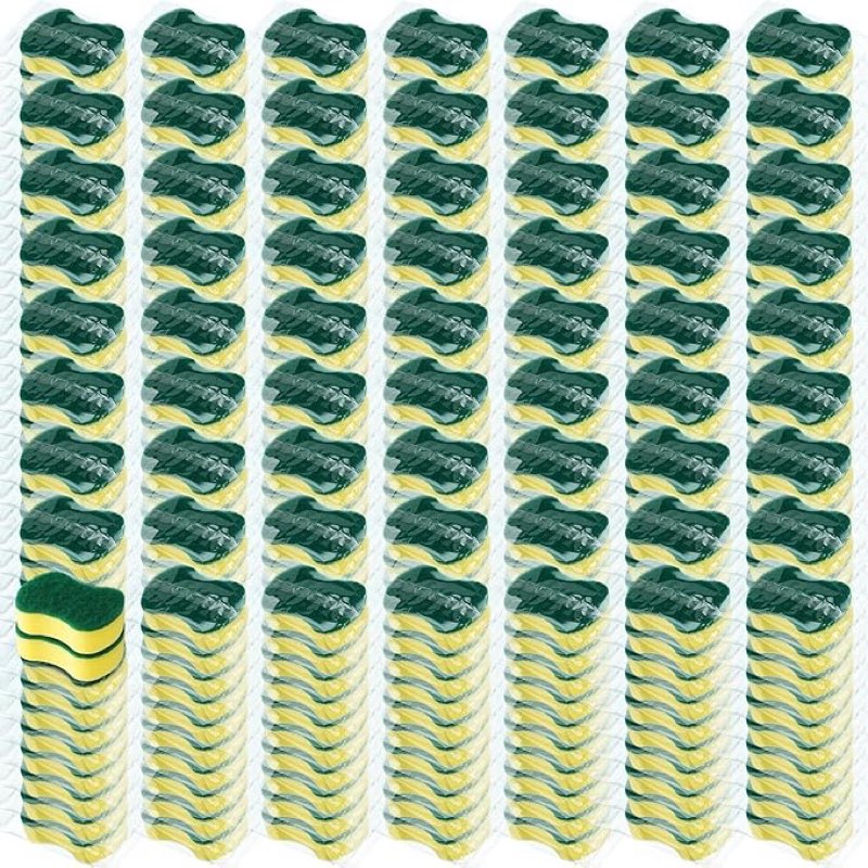 Tanlade 1000 Pcs Individually Wrapped Sponges Kitchen Bulk Non Scratch Scouring Sponges for Dishes Household Cleaning Travel Apartments Hotel Car (Yellow Green)