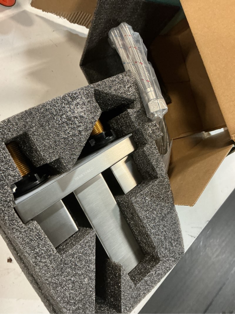 Condition photo showing Good Condition for cobbe waterfall bathroom faucets 3 hole, brushed nickel bathroom sink faucet square 4 inch centerset with pop-up drain, 2 handle and 2 supply hoses, lead-free stainless steel for vanity sink rv 4 inch centerset brushed nickel