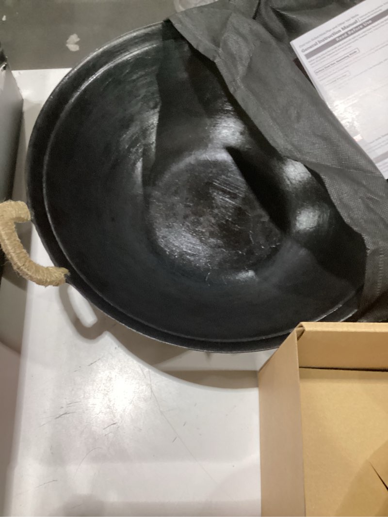 Condition photo showing As Is for wangyuanji 13.4 inch cast iron wok with lid, flat bottom chinese stir fry pan, uncoated heavy duty wok pan for induction, gas, electric & ceramic stoves, dual handles 13.4 inch flat bottom wok